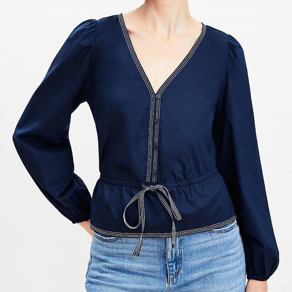 Loft Tie Peplum Blouse in Deep Space Blue, Originally $70 - EUC